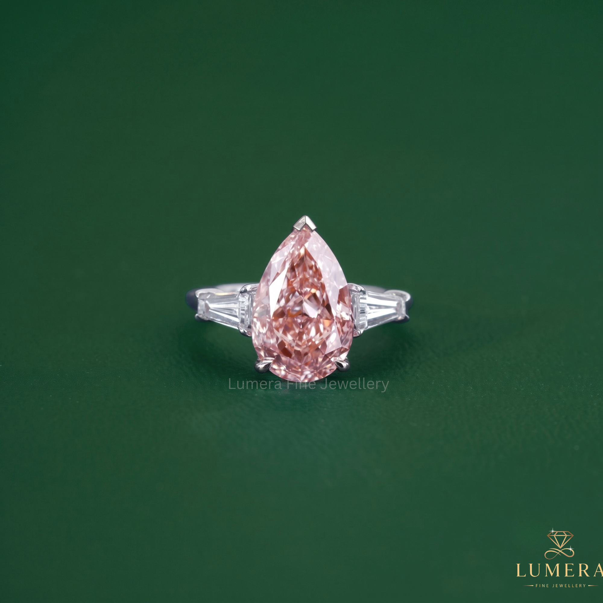 Pear shaped diamond ring featuring a pink diamond ring.
