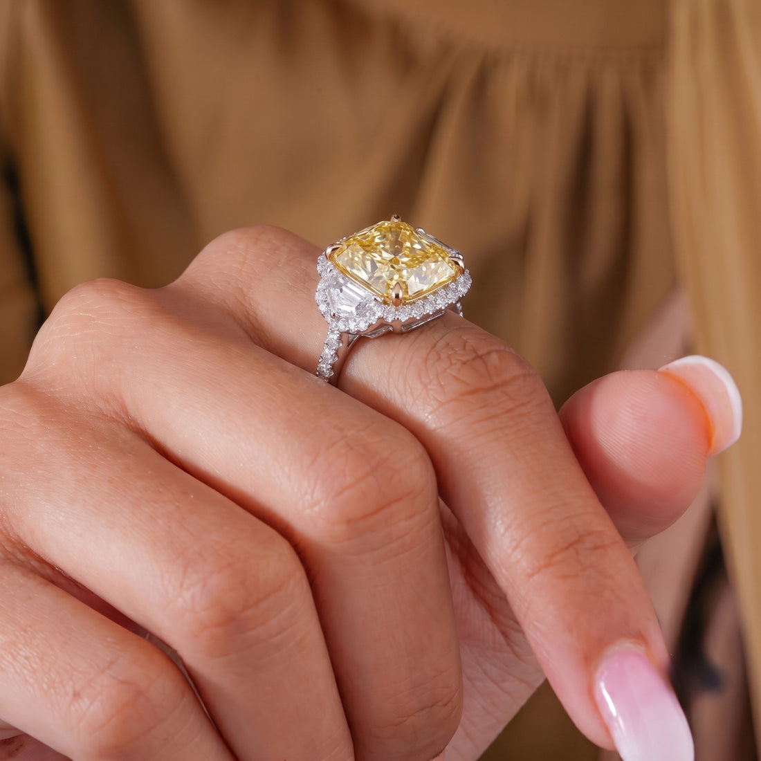 Halo Setting Cushion Cut Yellow Diamond Ring In Cadillac Side Stones