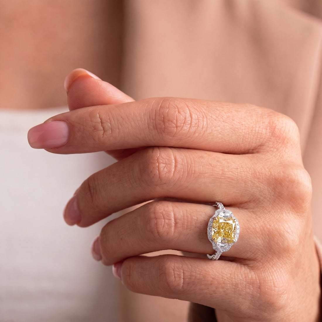 Halo Setting Cushion Cut Yellow Diamond Ring In Cadillac Side Stones