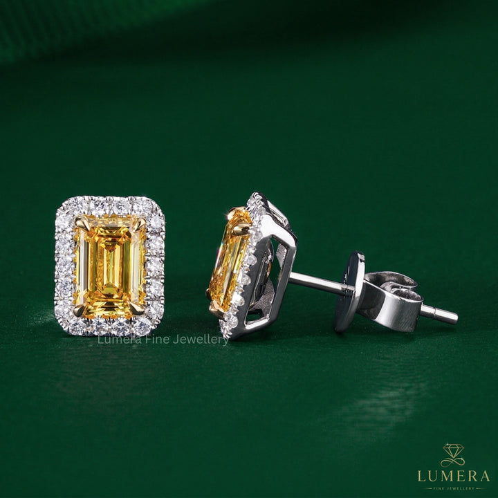 1.80 TCW Lab Grown Diamond Fancy Yellow Emerald Cut Halo Stud Earrings