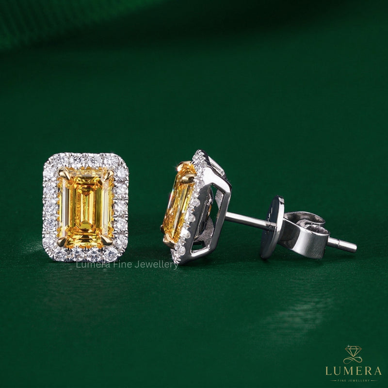 yellow diamond stud earrings with emerald cut diamond earrings.
