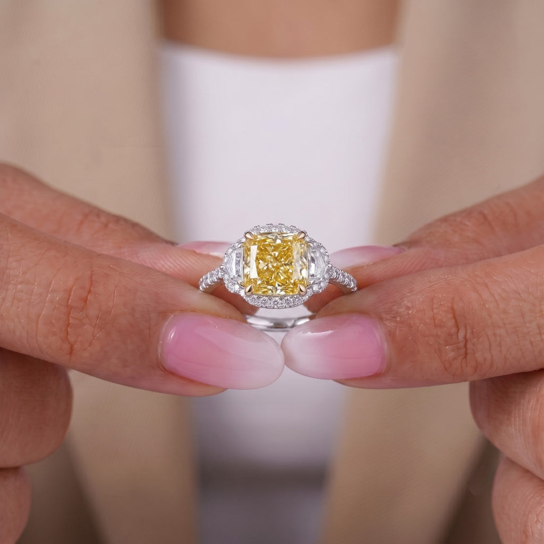 Halo Setting Cushion Cut Yellow Diamond Ring In Cadillac Side Stones