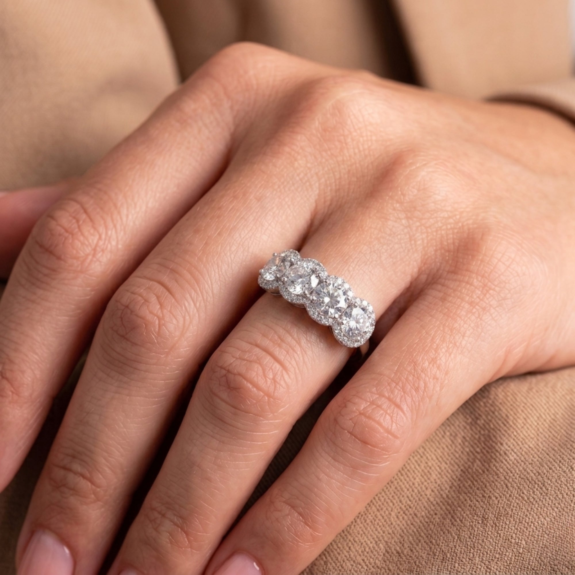 Round cut diamond wedding band with halo diamond band.
