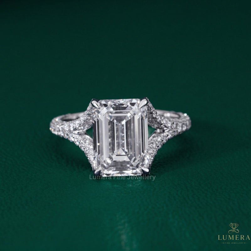 Emerald Cut Diamond Engagement Ring In Hidden Halo Style