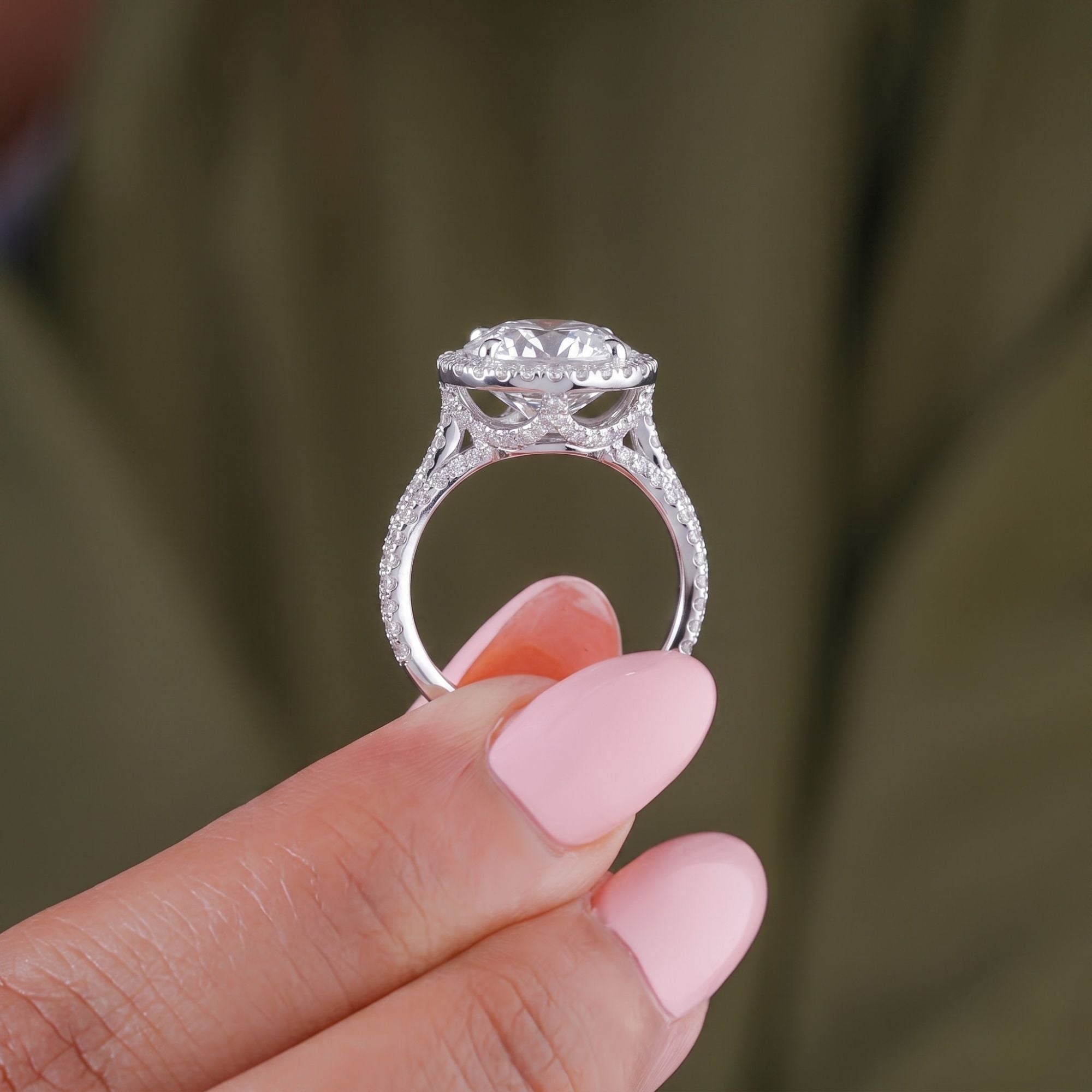 Multi row pave band with hidden side stone ring.
