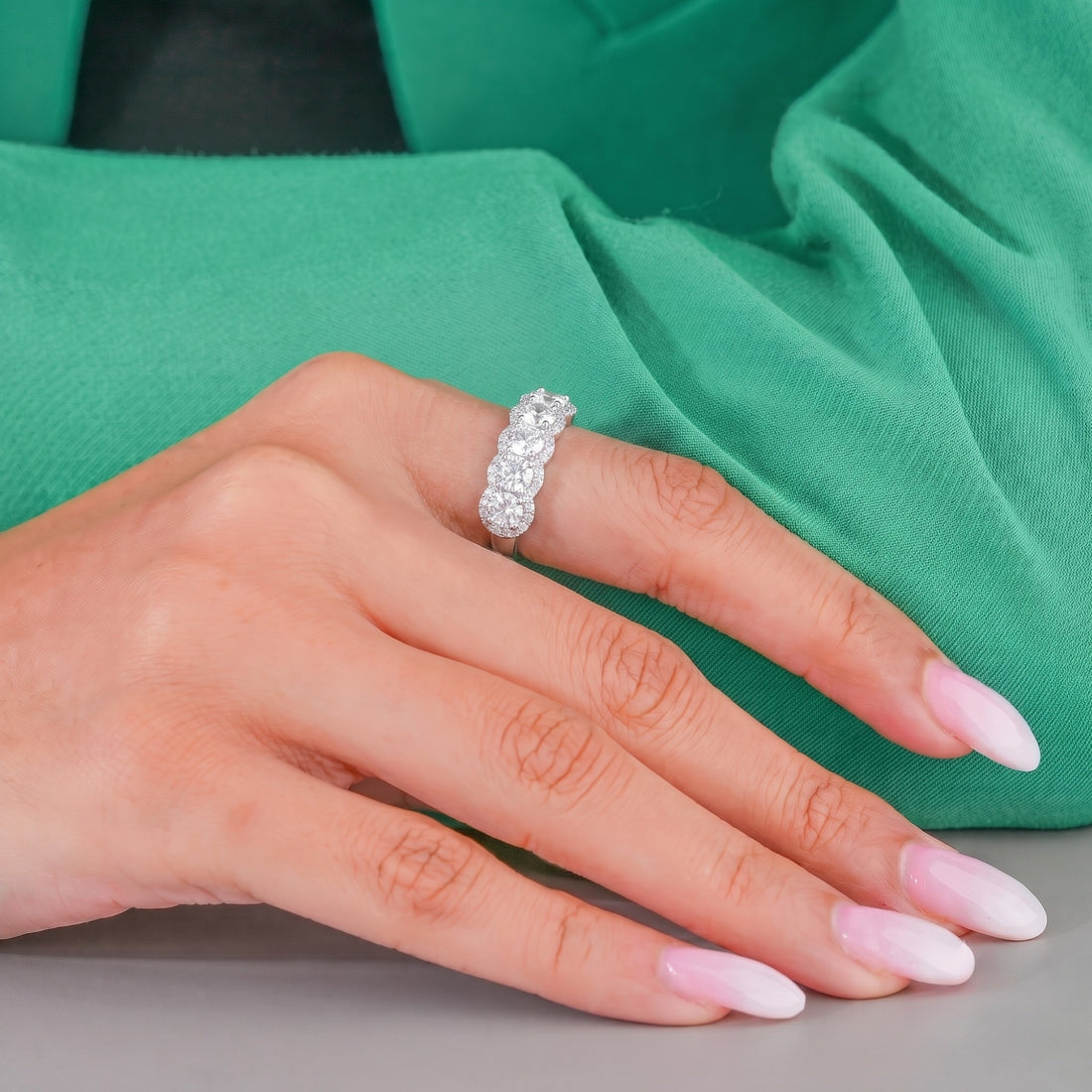 Five stone wedding band with solid gold band.

