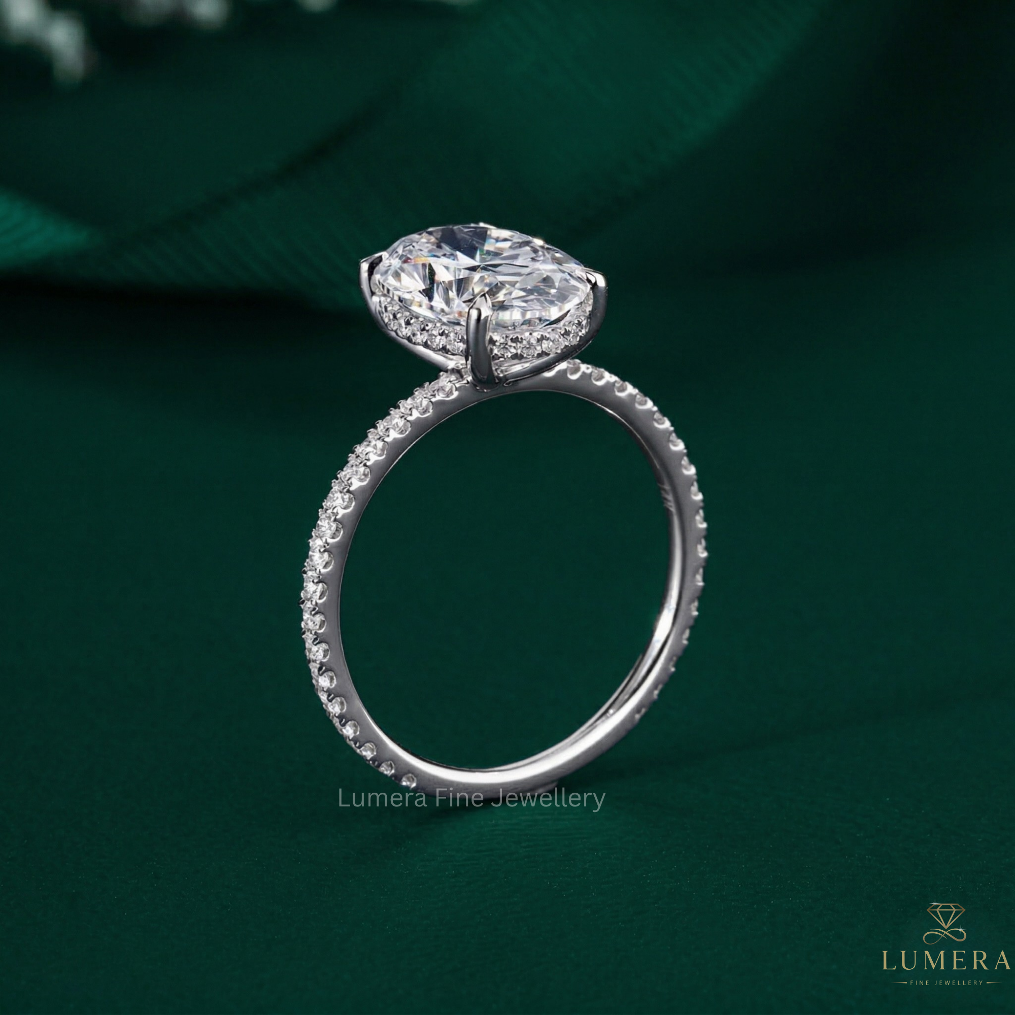pave set band ring with 4 claw prong setting.
