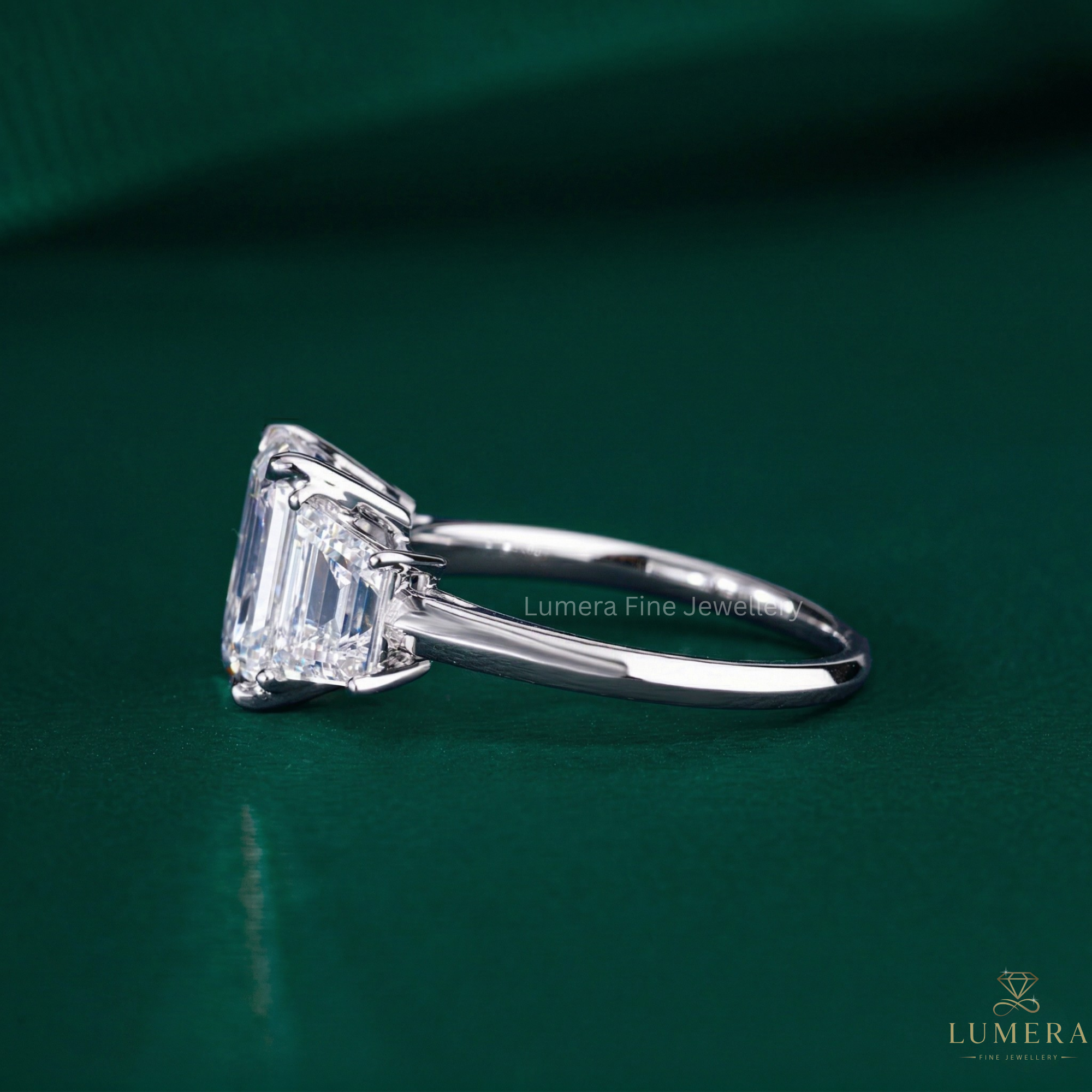 emerald cut engagement ring with three stone ring.