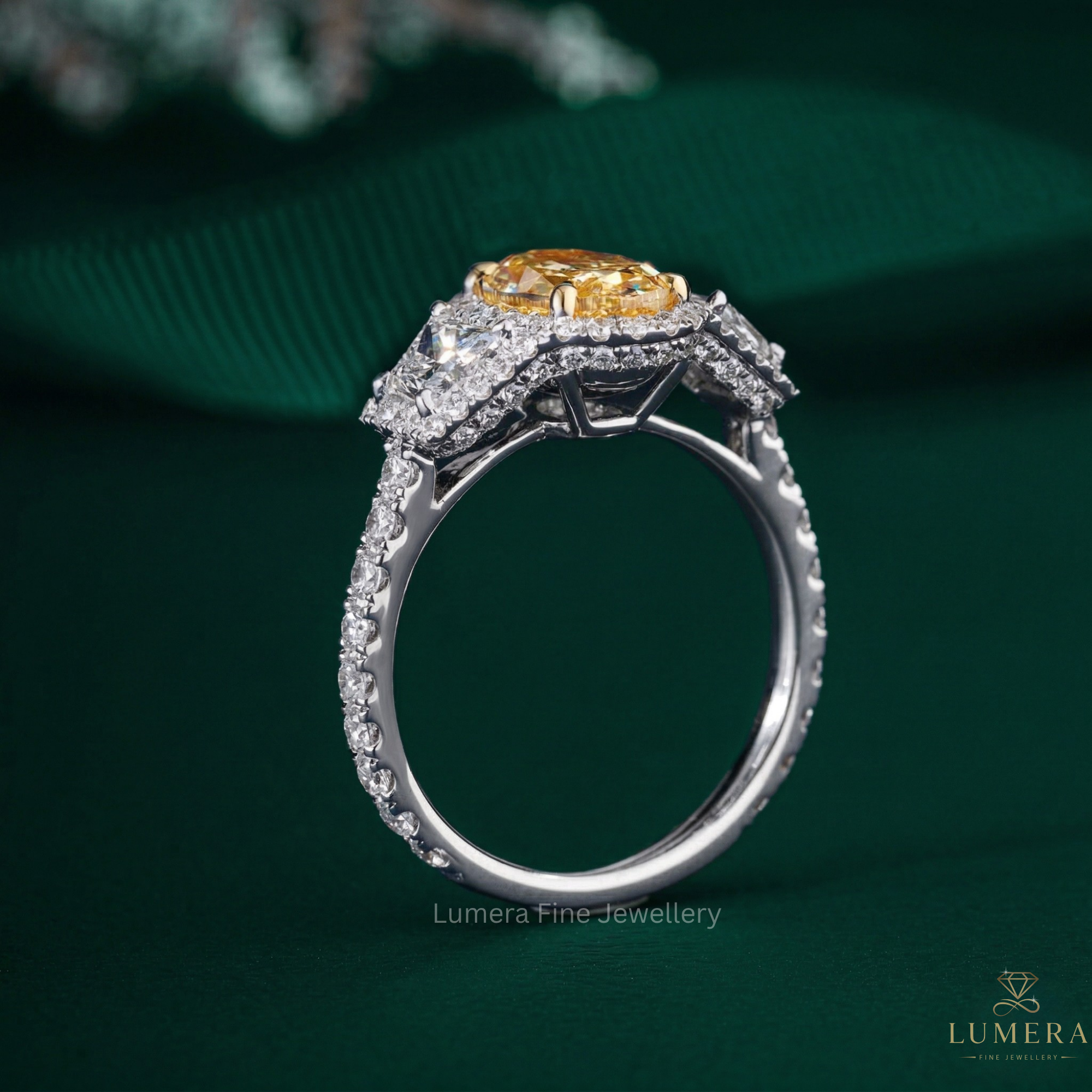 half moon cut side stone with hidden halo setting.
