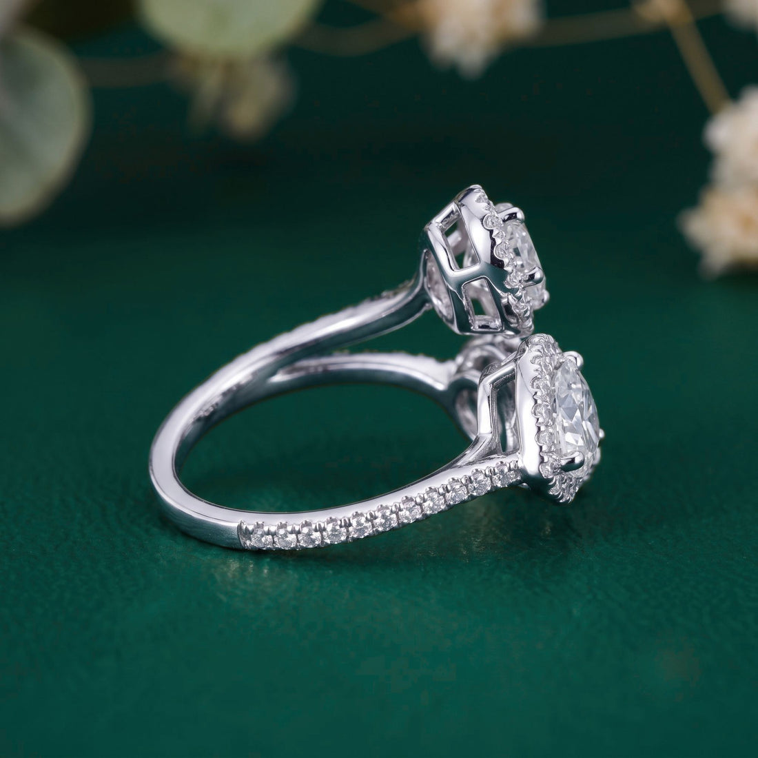 pave wedding ring with halo engagement ring.
