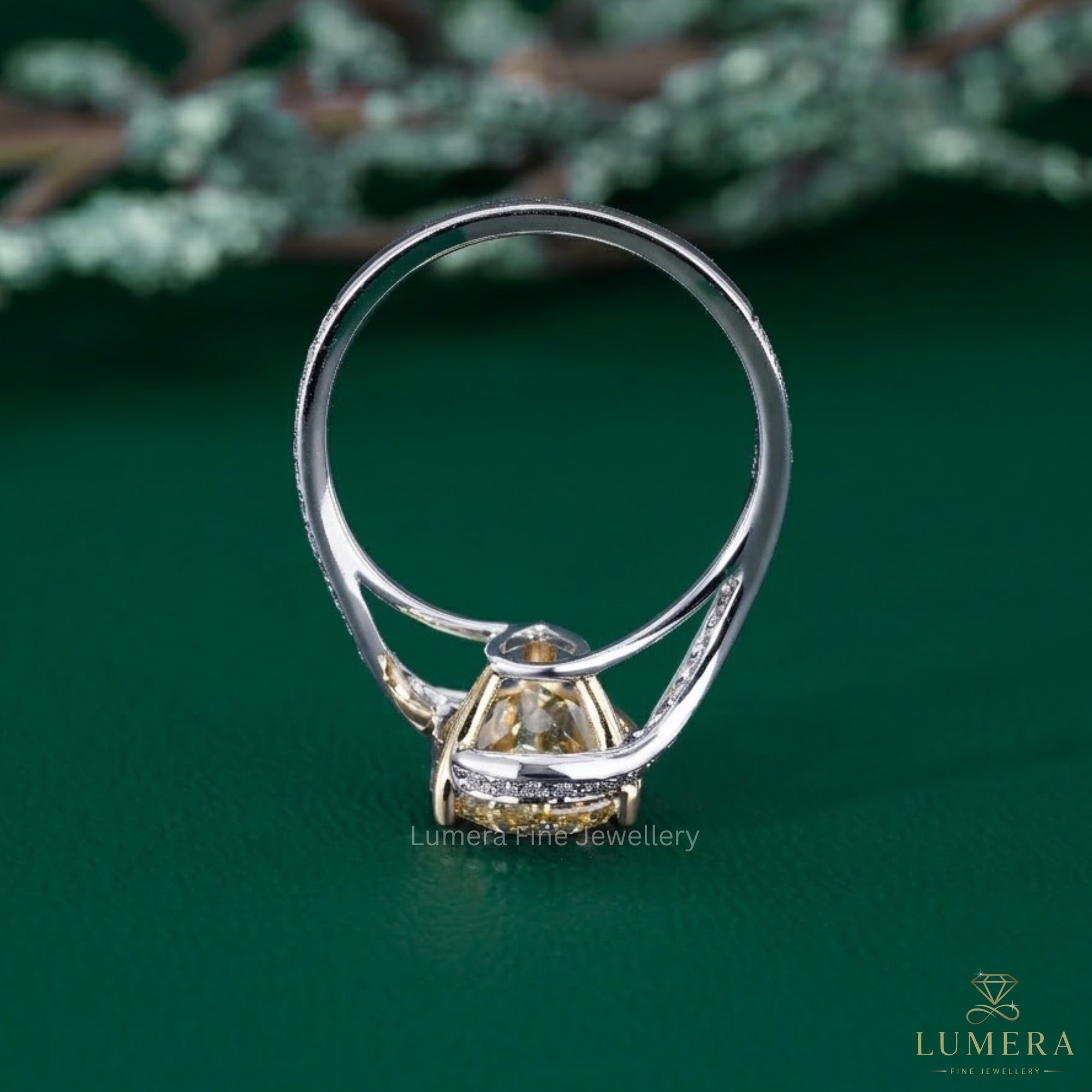 yellow pear diamond ring with V prong setting.