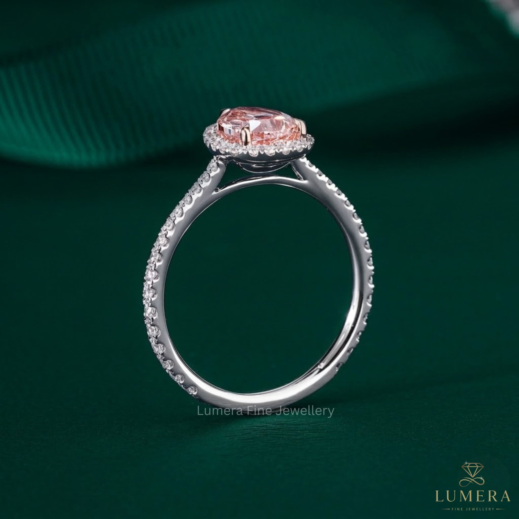 pink diamond ring in pave setting ring style.
