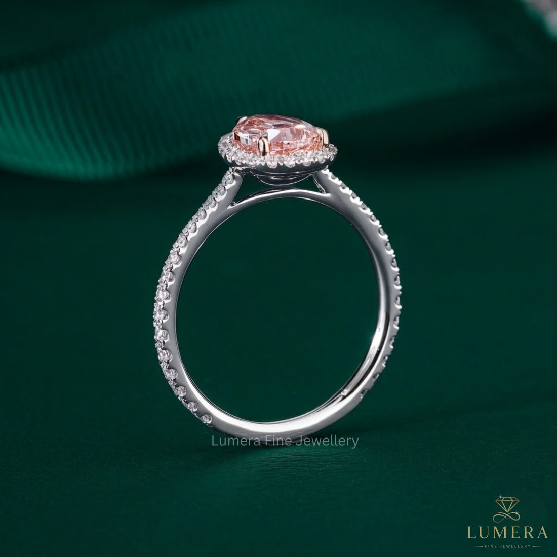pink diamond ring in pave setting ring style.
