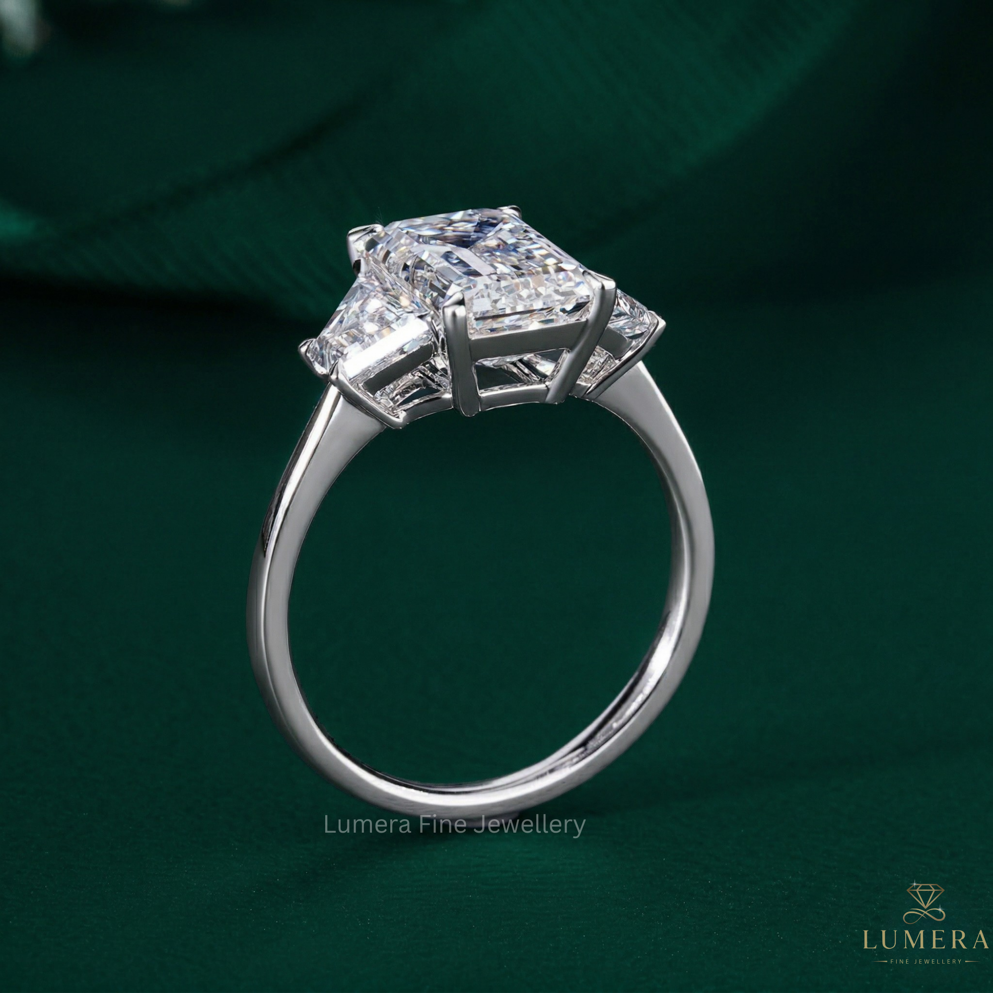 emerald with trapezoid side stone on claw prong.