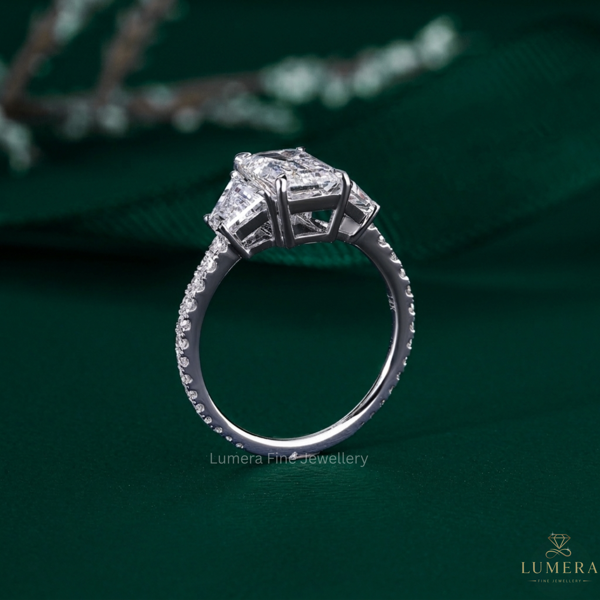 Emerald Cut Engagement ring with emerald diamond ring.
