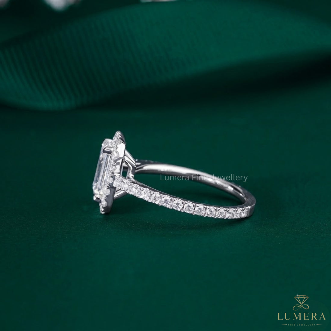 1.50 Emerald Cut , Halo & Pave Engagement Ring