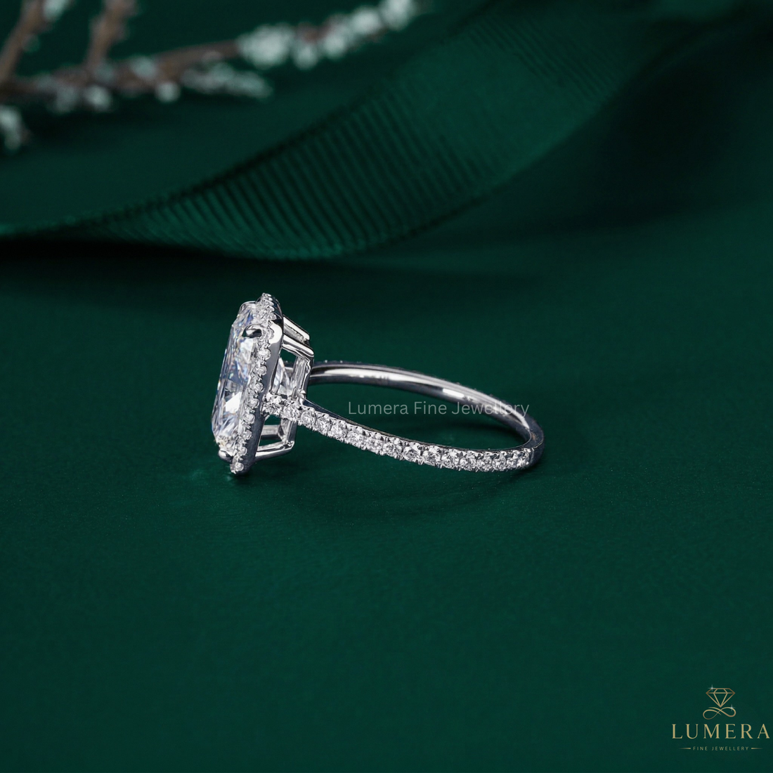 cushion cut diamond engagement ring with 4 prong engagement ring.
