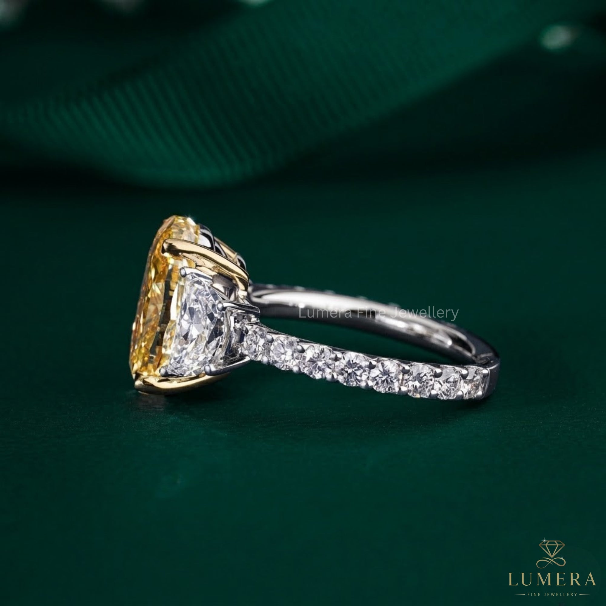 3.00 CT Yellow Oval Cut Pave, side Half moon Two-Stone Engagement Ring