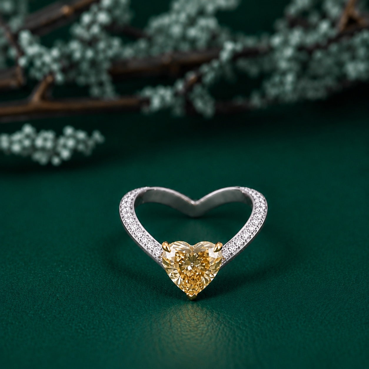 Yellow stone heart ring with heart shaped diamond