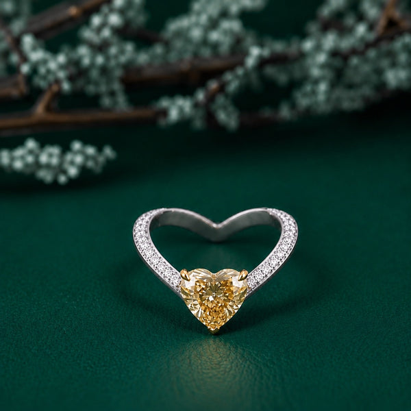 Yellow stone heart ring with heart shaped diamond