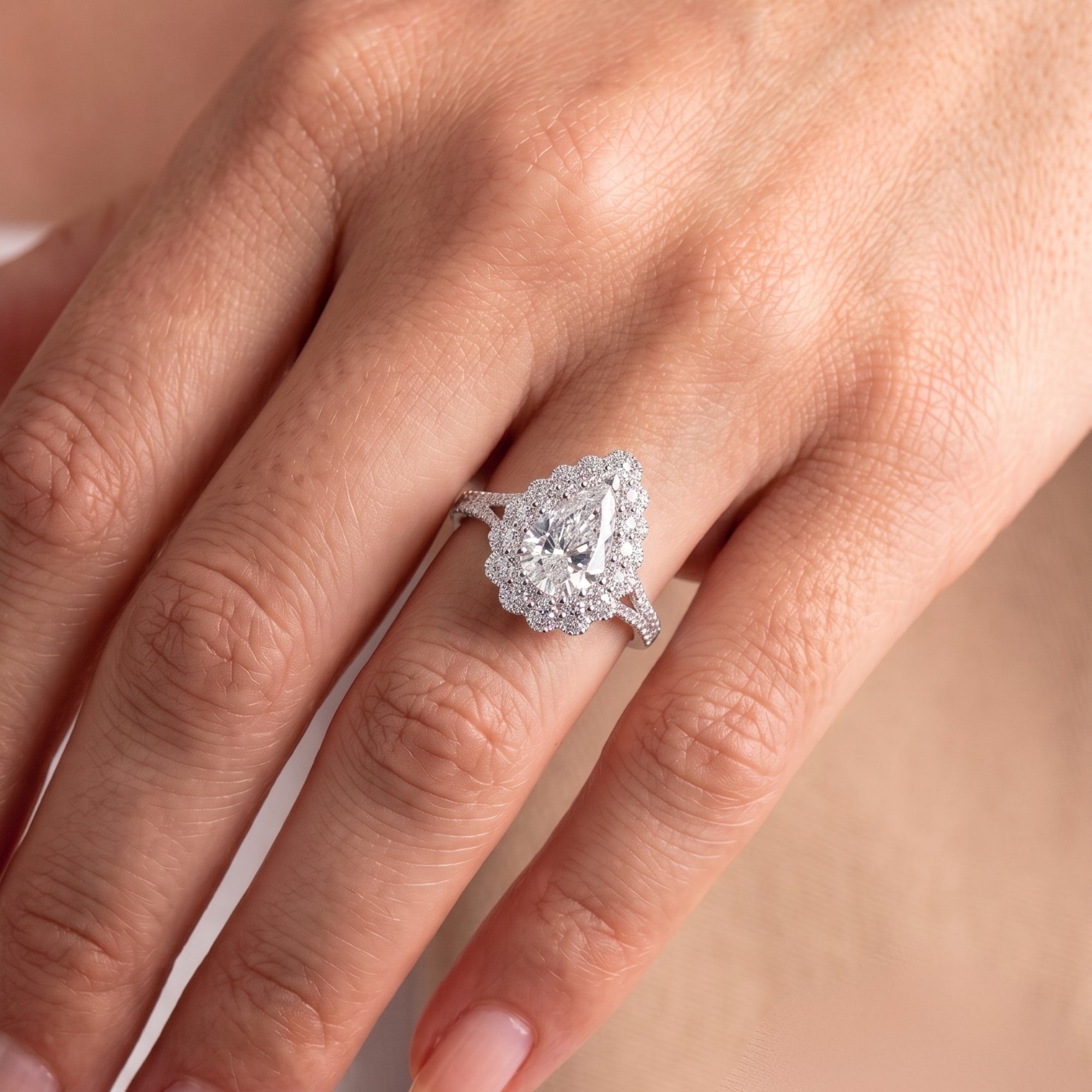 halo engagement ring with vintage engagement ring.
