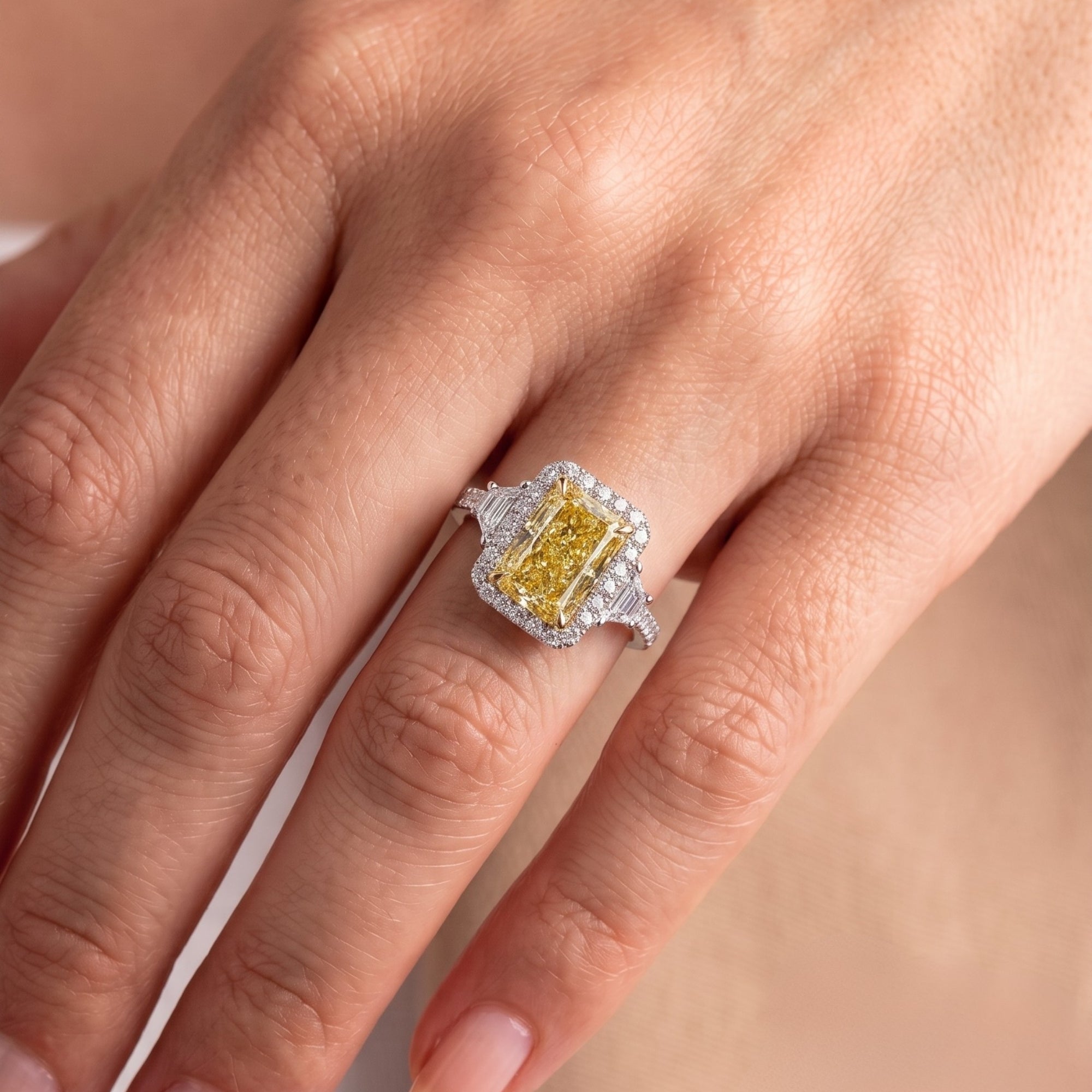 three stone ring with radiant trapezoid stone ring.
