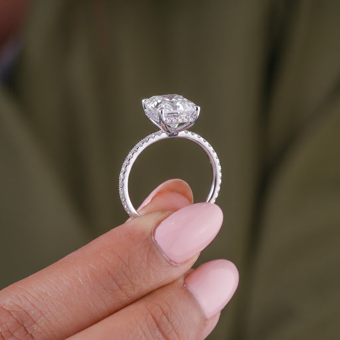pave engagement ring with pave setting ring.
