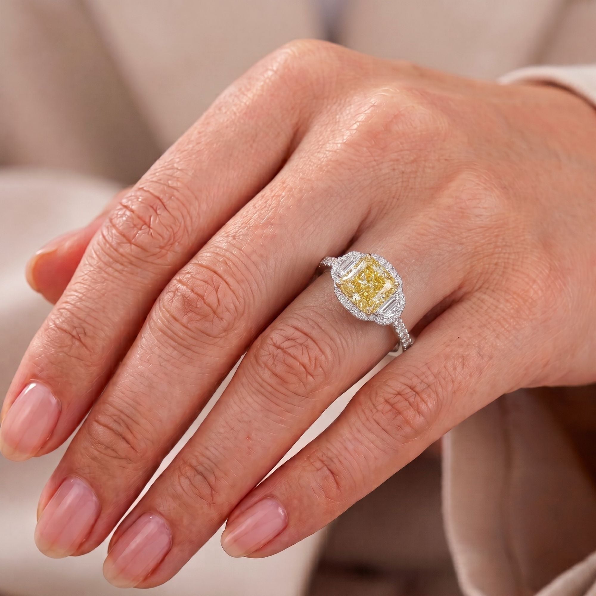 Halo Setting Cushion Cut Yellow Diamond Ring In Cadillac Side Stones