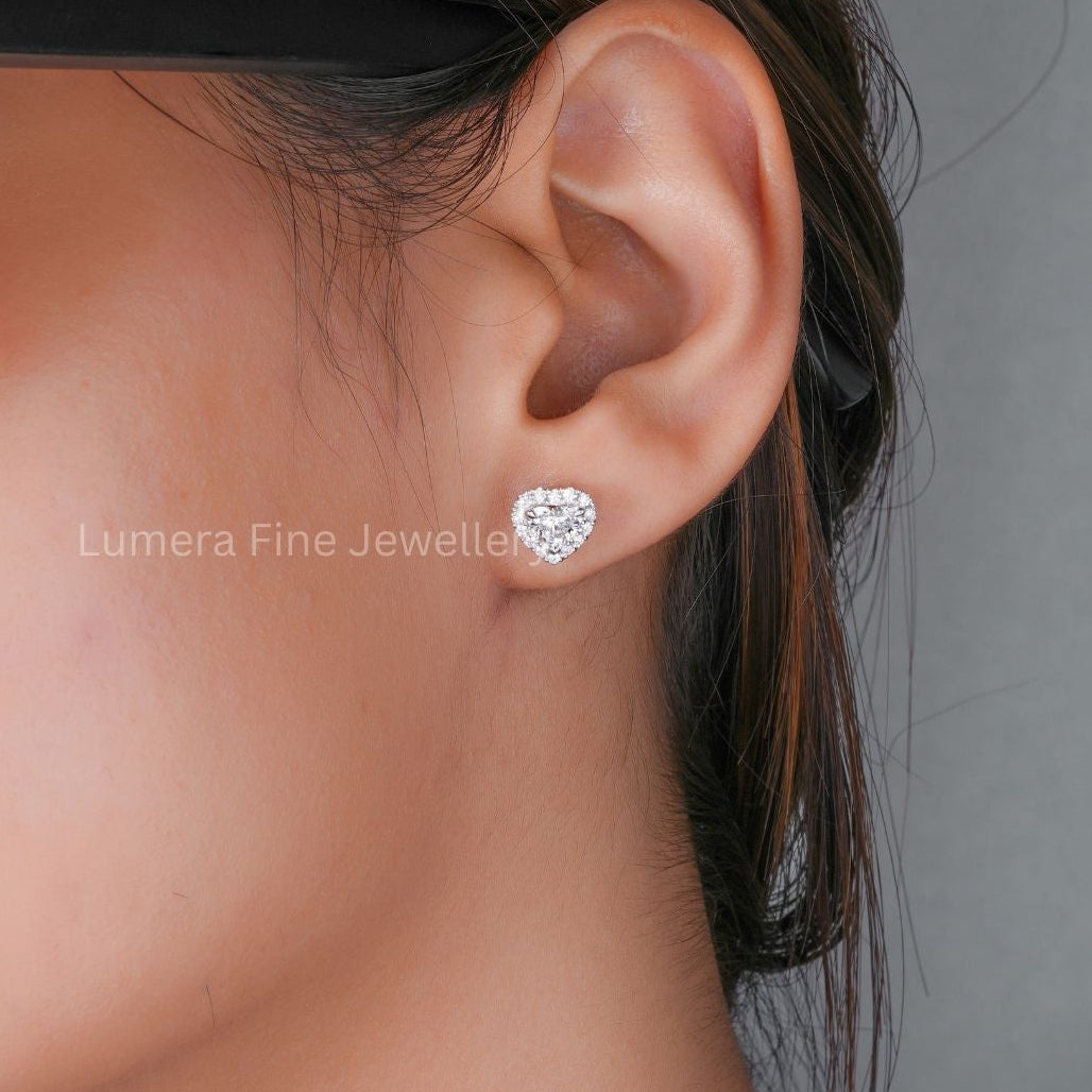 diamond heart halo earrings with halo setting earrings.
