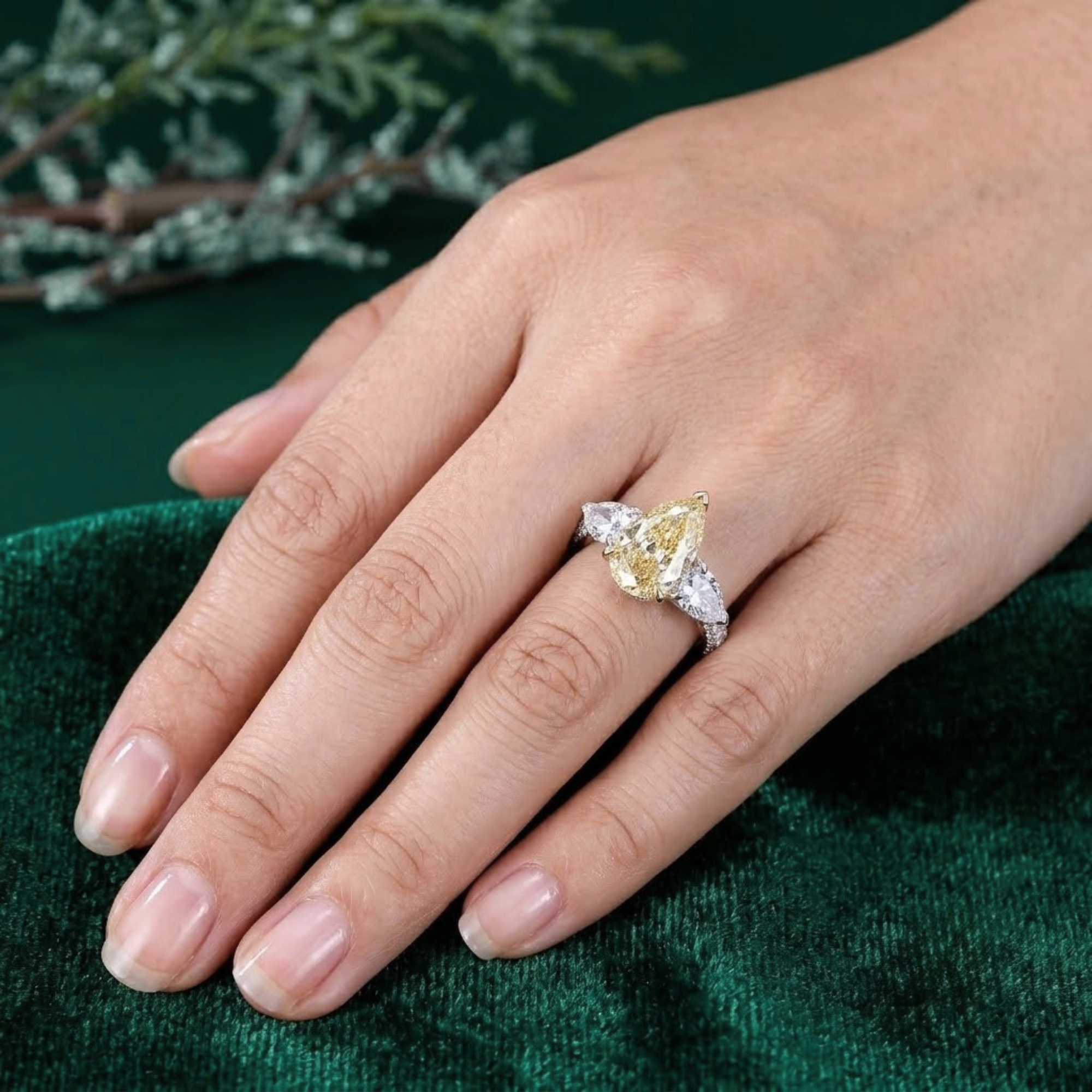 pear diamond ring with 3 stone engagement ring.
