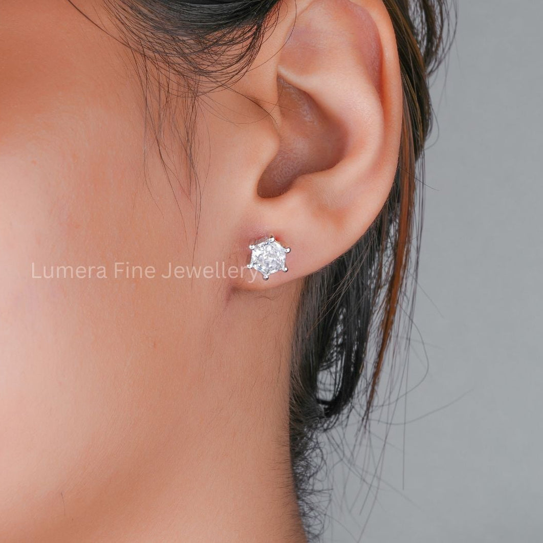 lumera earrings with hexagon diamond earrings.
