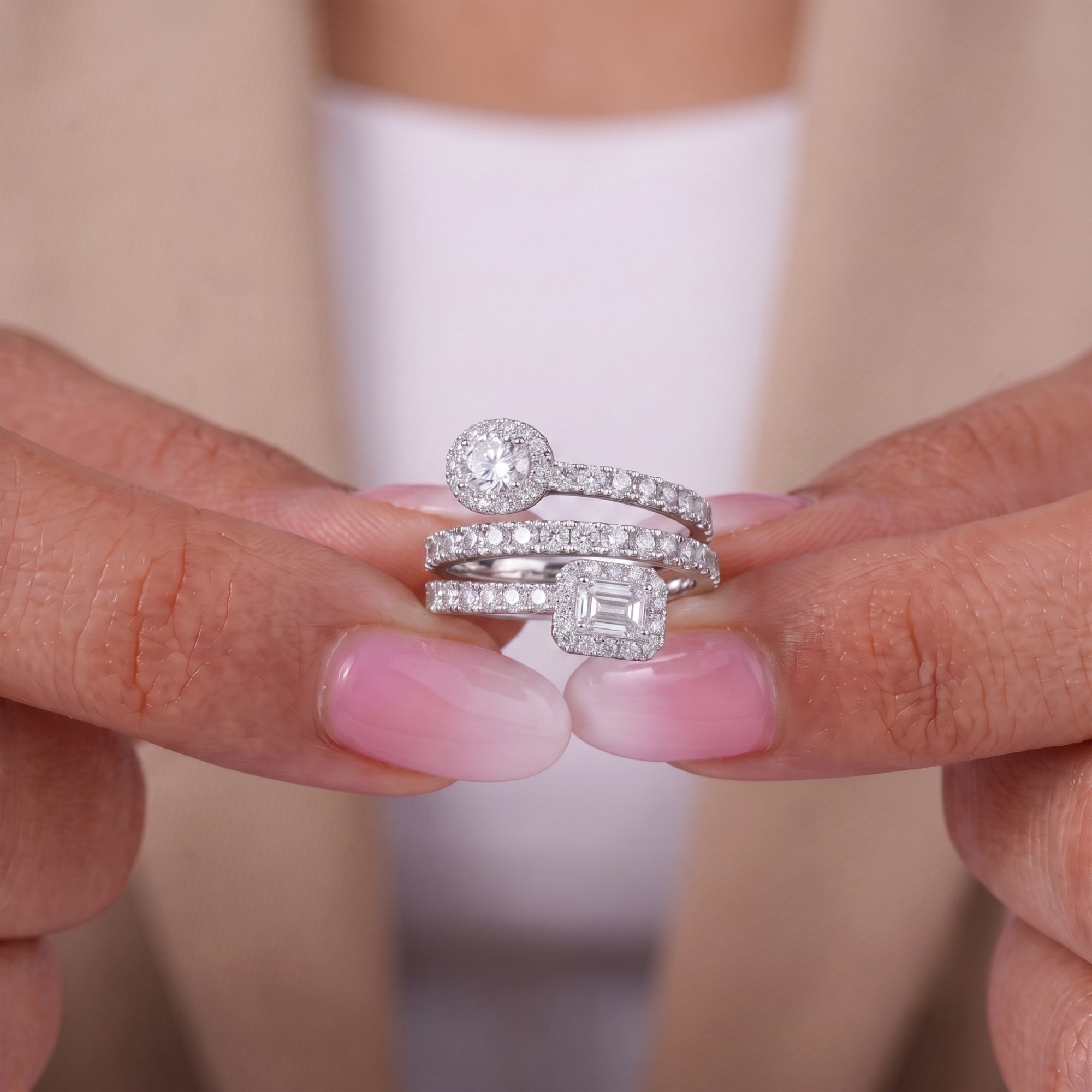 Halo spiral band with fine jewelry.
