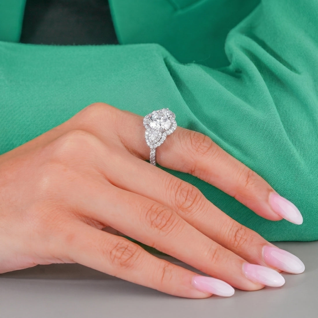 halo ring with vintage engagement ring.
