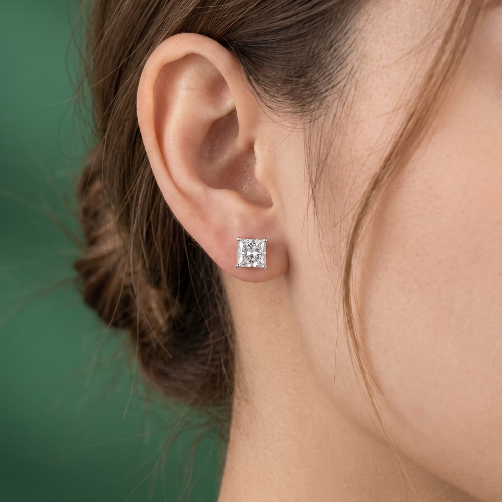 Solitaire Style Princess Cut Earrings In Push-Back Set