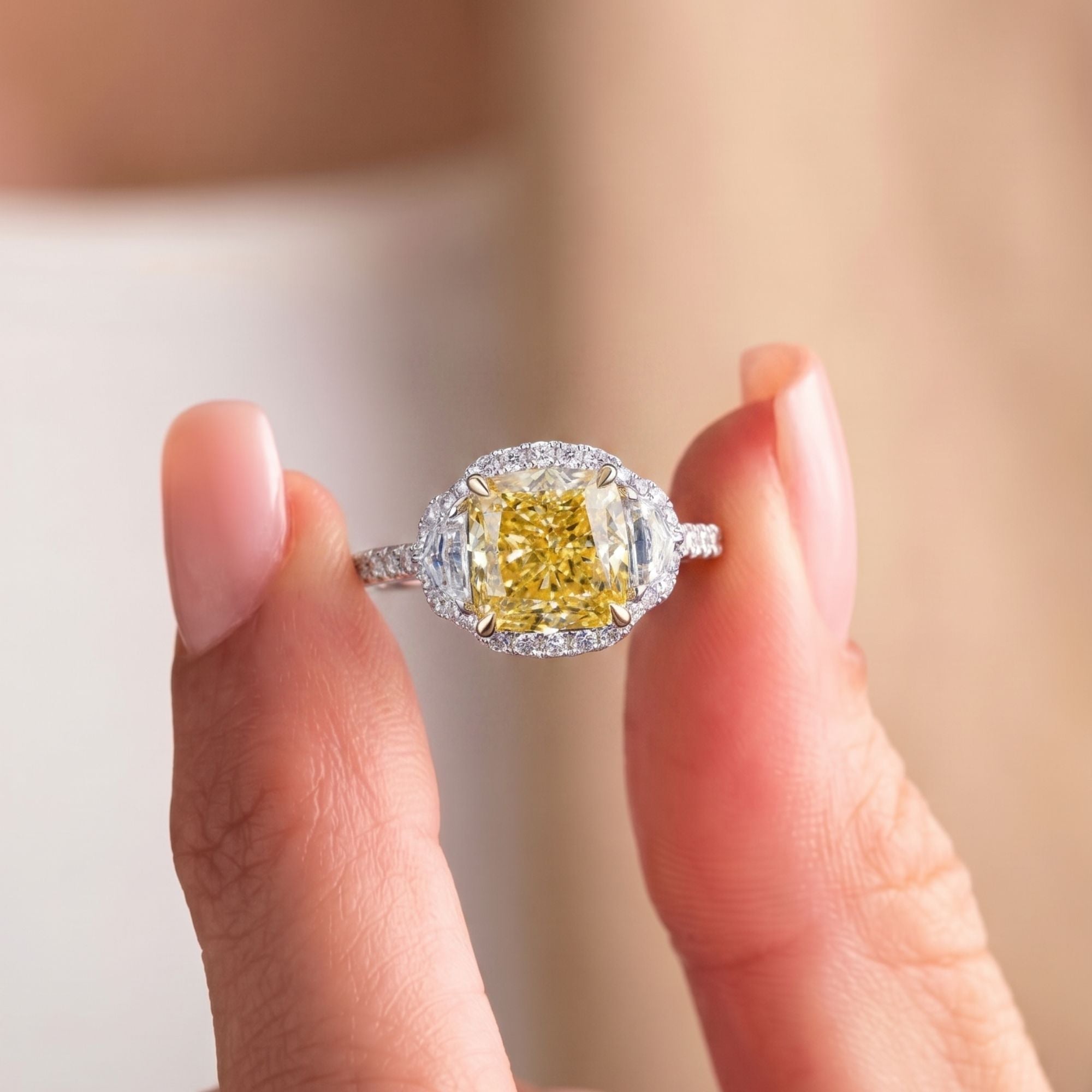 Halo Setting Cushion Cut Yellow Diamond Ring In Cadillac Side Stones