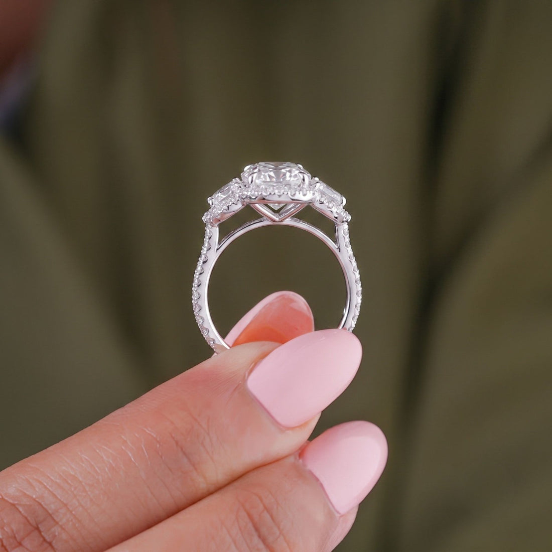 Split shank two row pave ring with Oval diamond ring.
