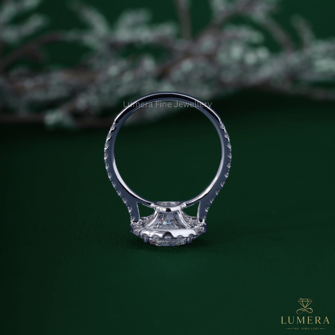 Round halo engagement ring with halo diamond ring.