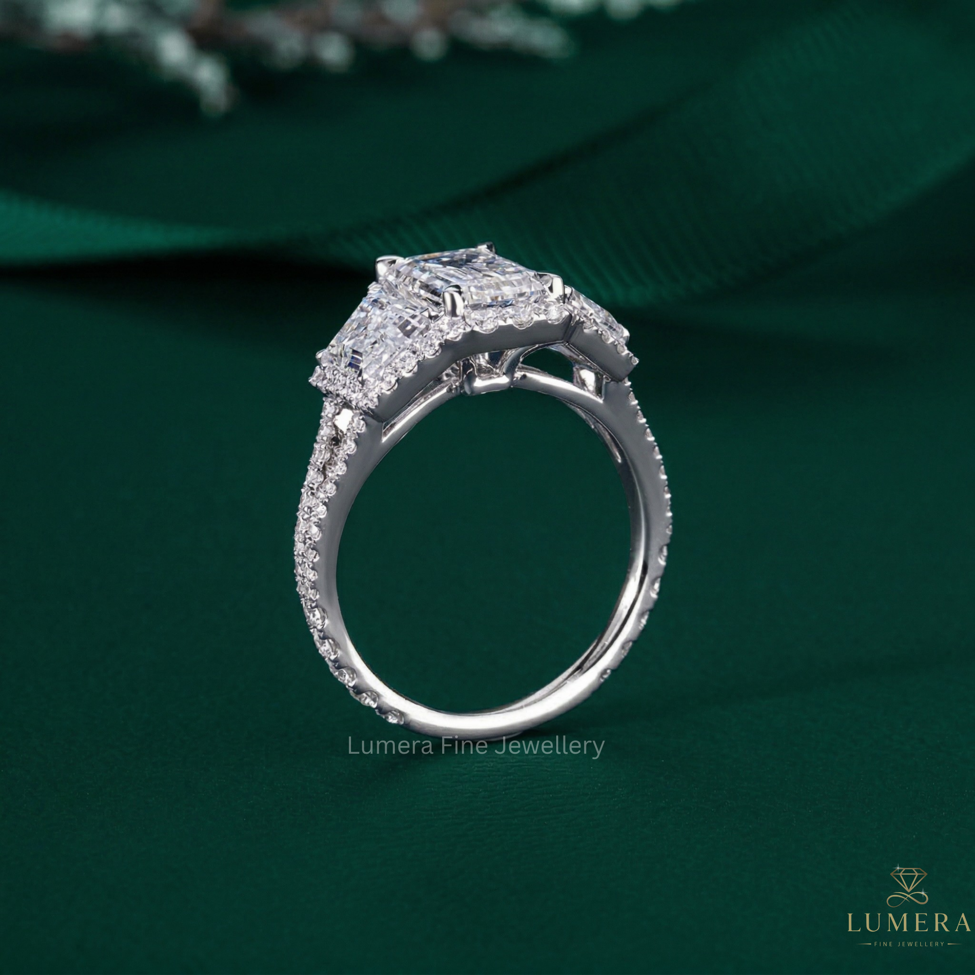 Emerald cut engagement ring on halo setting ring.
