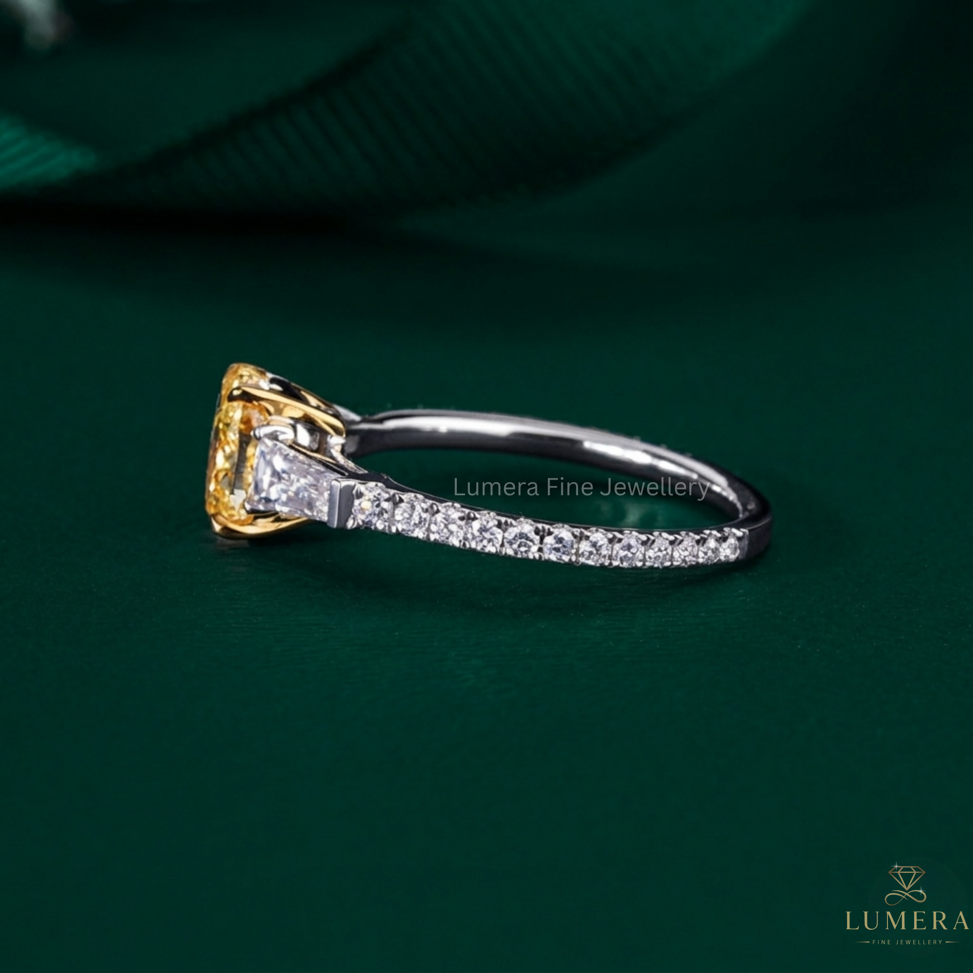 fancy yellow color stone ring on two tone gold ring.