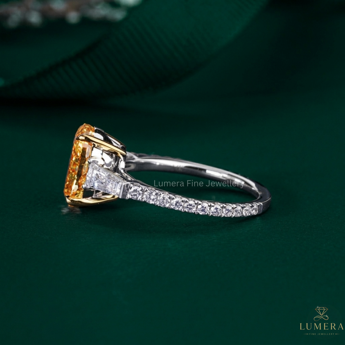 two tone gold ring with 4 claw prong.