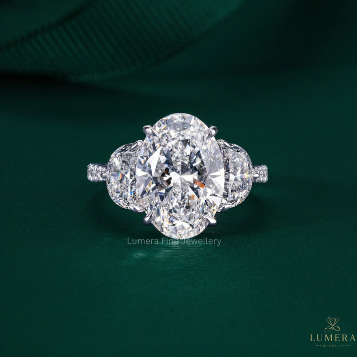 3 stone oval engagement ring with oval engagement ring.
