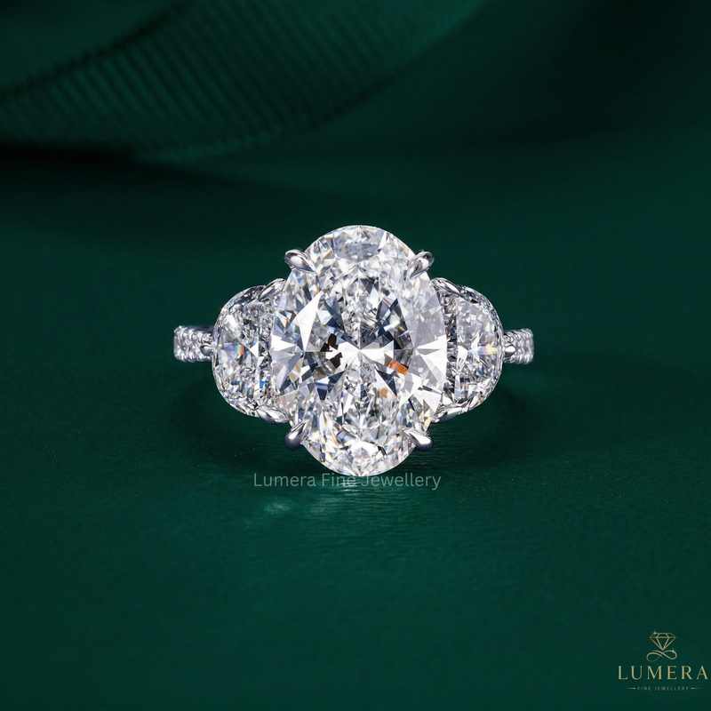 3 stone oval engagement ring with oval engagement ring.
