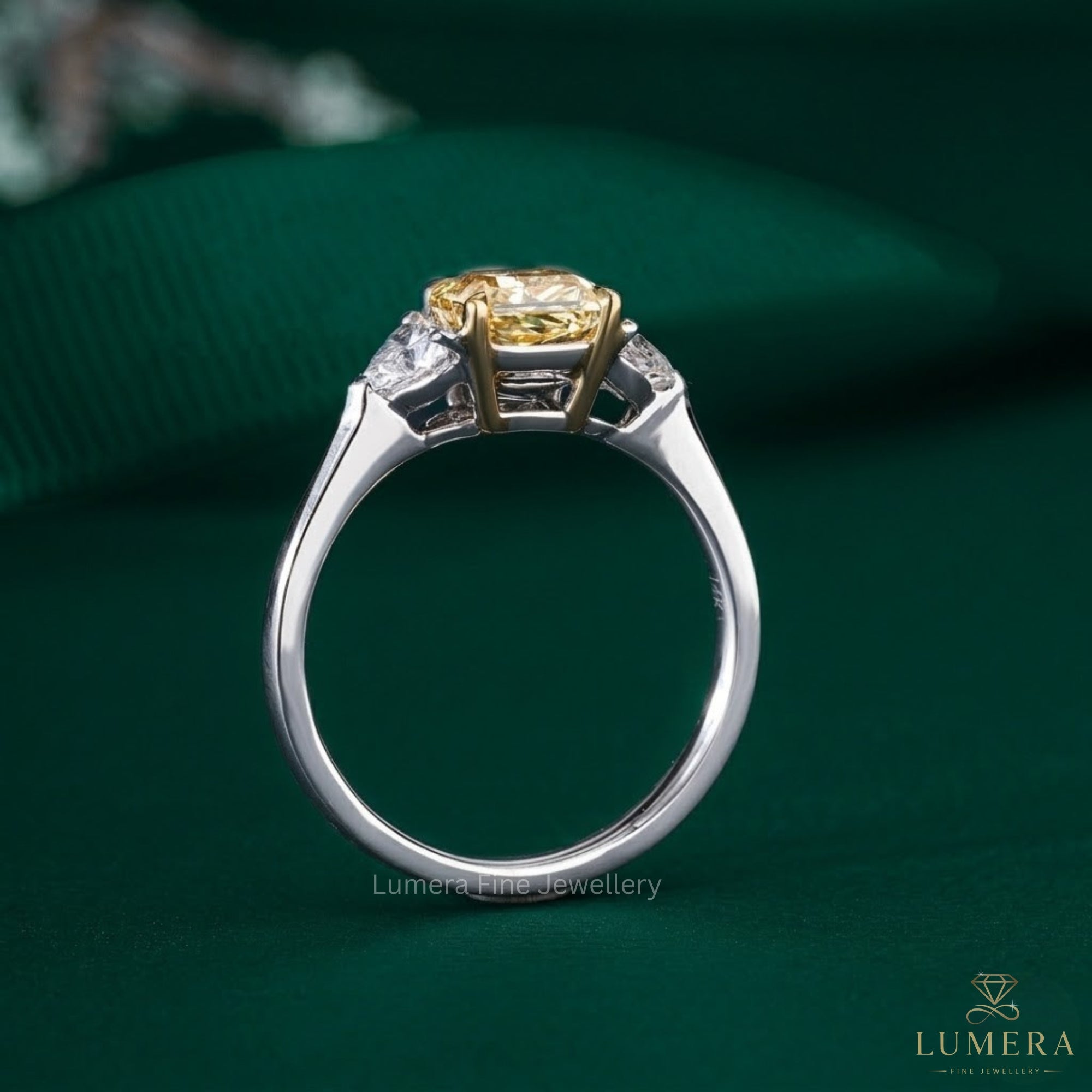trillion cut side stone on three stone engagement ring.
