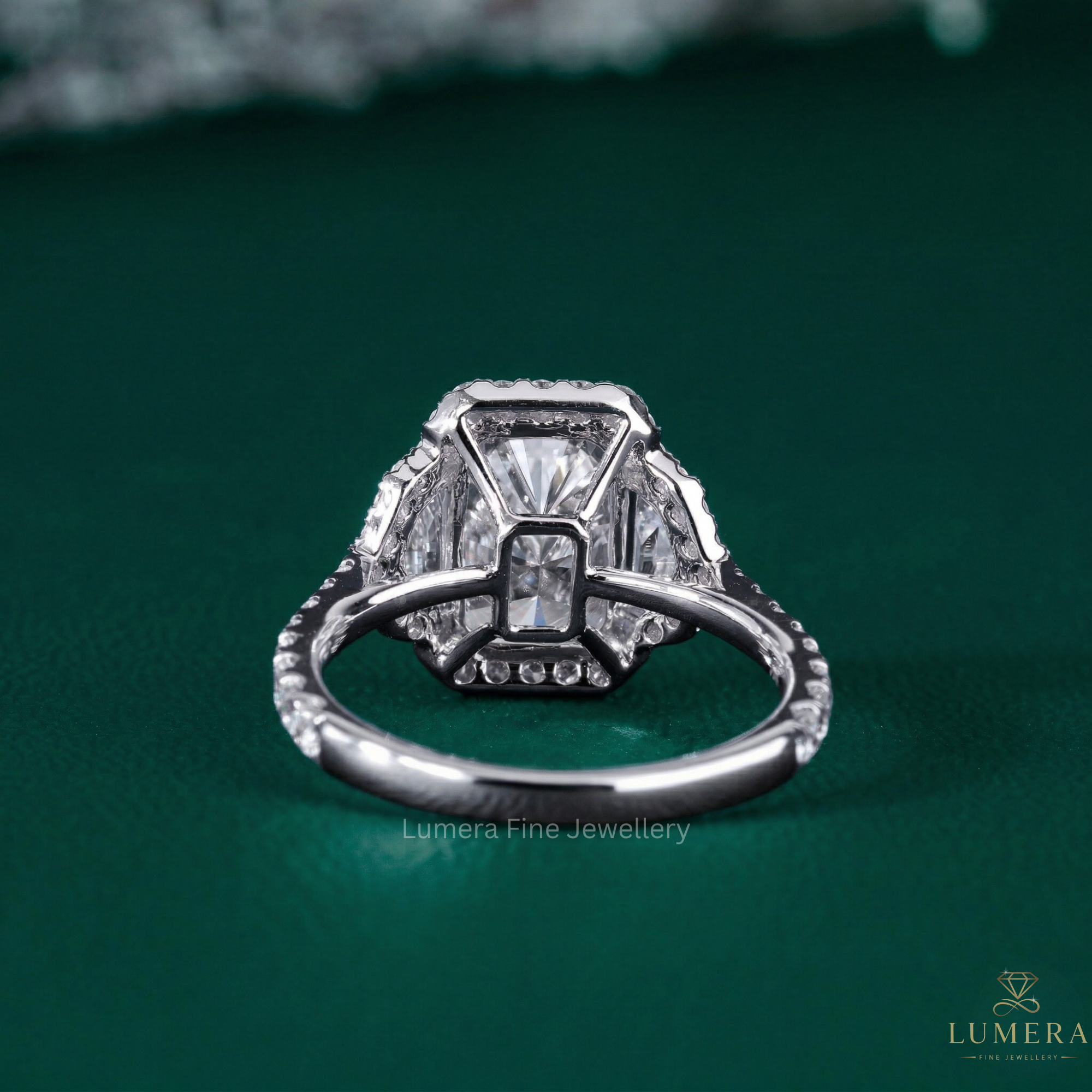 three stone engagement ring with trilogy diamond ring.