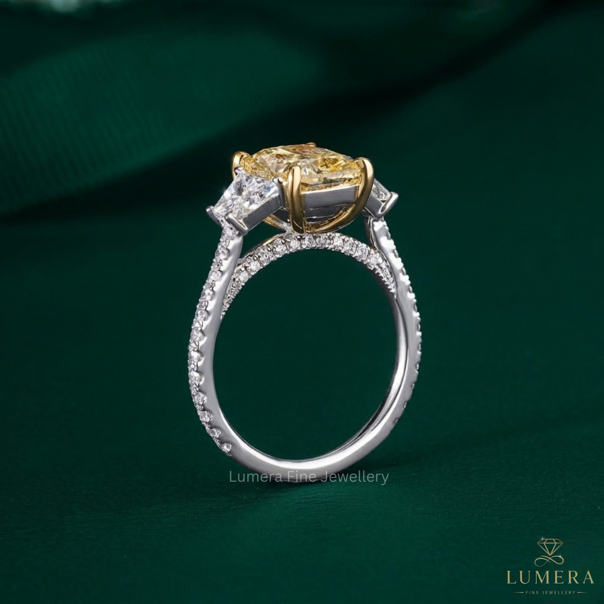 Trapezoid side stone on pave setting ring.
