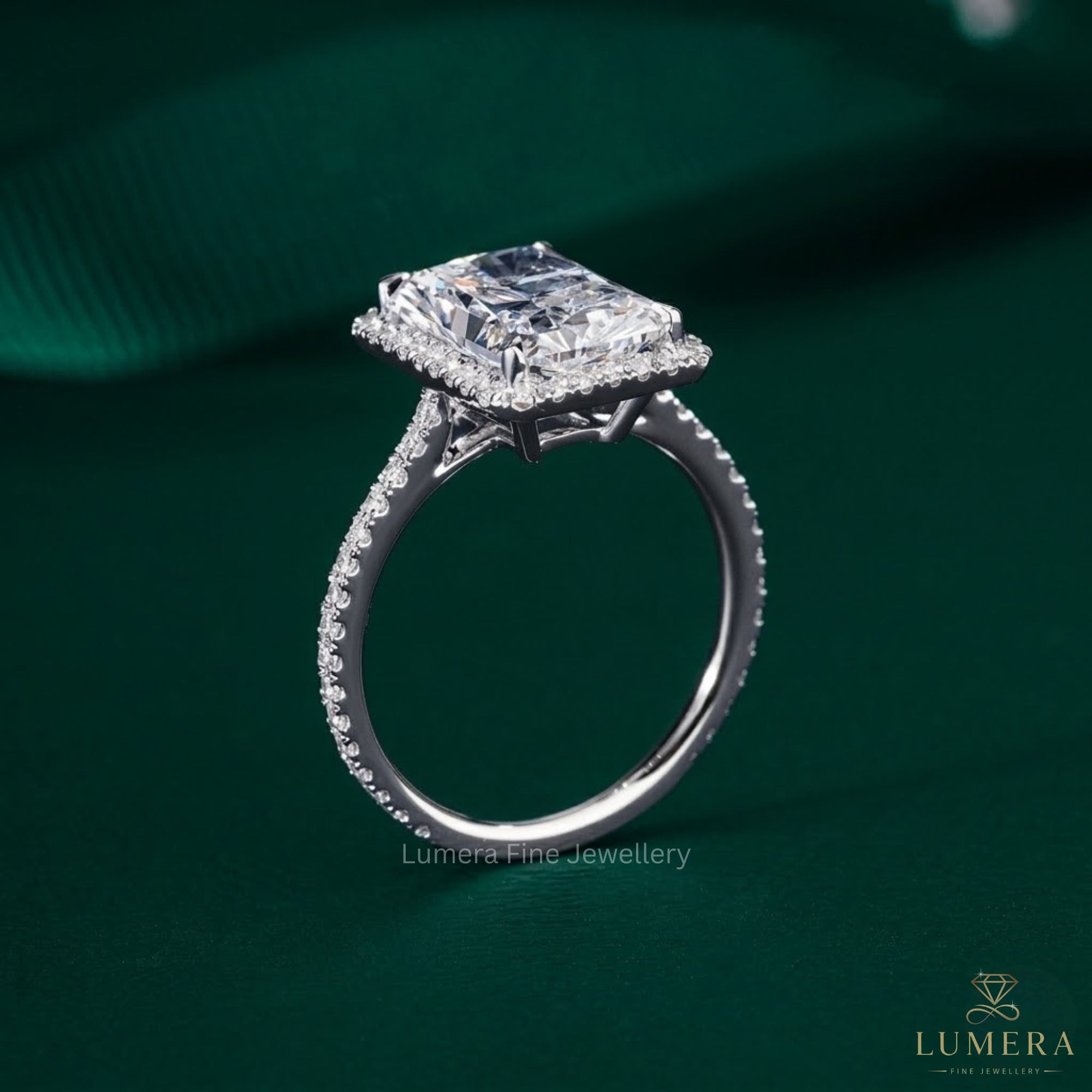halo engagement ring on cathedral setting ring.
