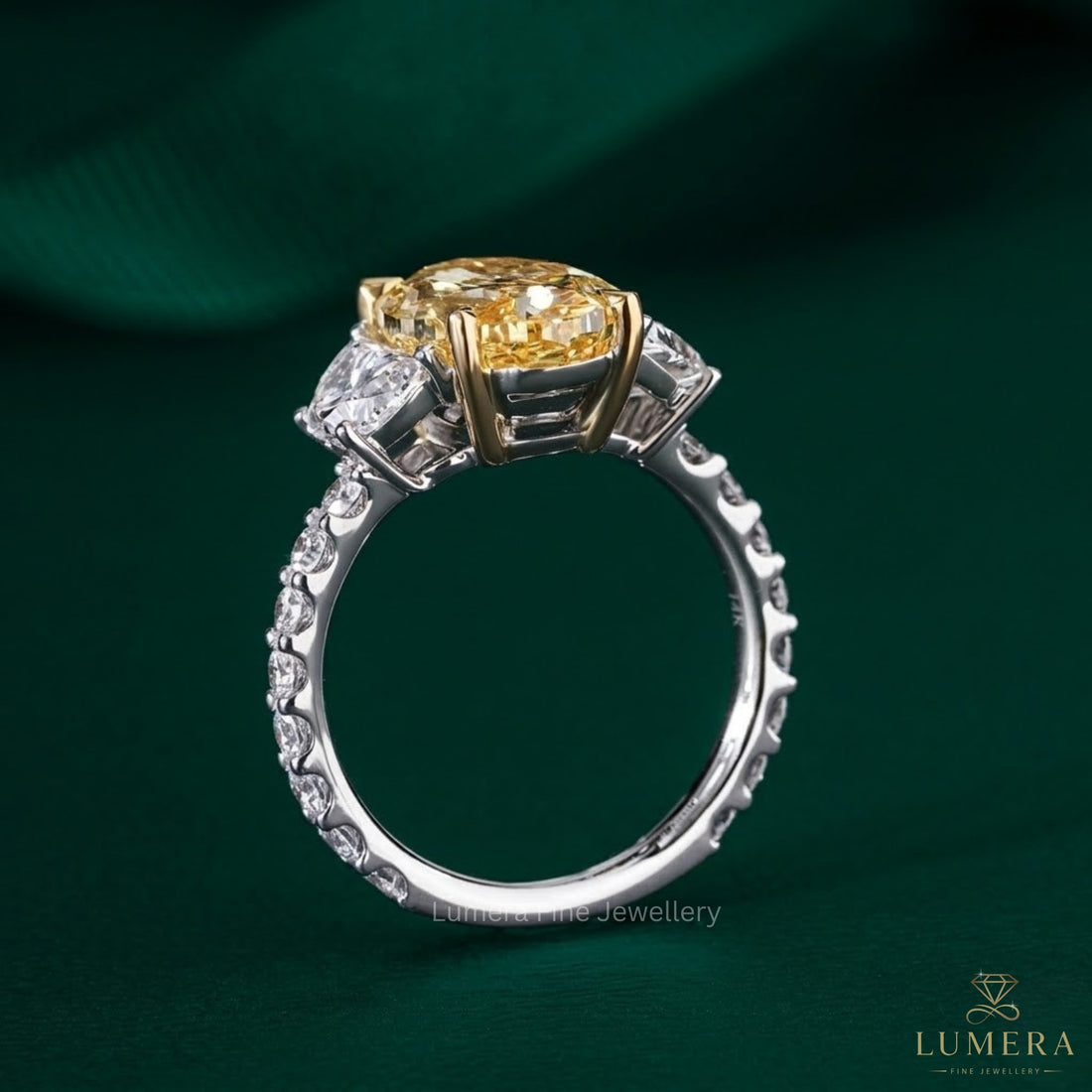 3.00 CT Yellow Oval Cut Pave, side Half moon Two-Stone Engagement Ring