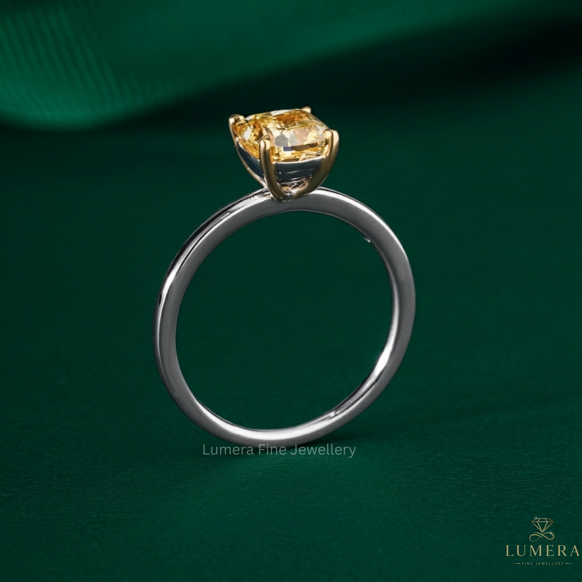 yellow cushion diamond ring in solitaire diamond ring style.
