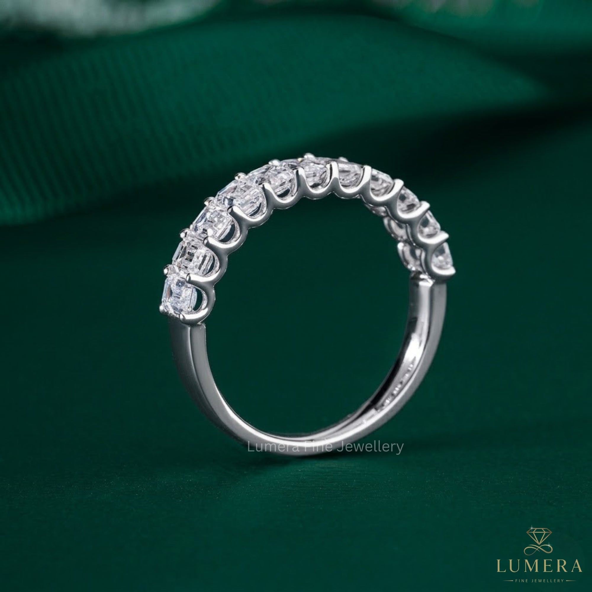 Half eternity wedding band styled as a stackable wedding band.
