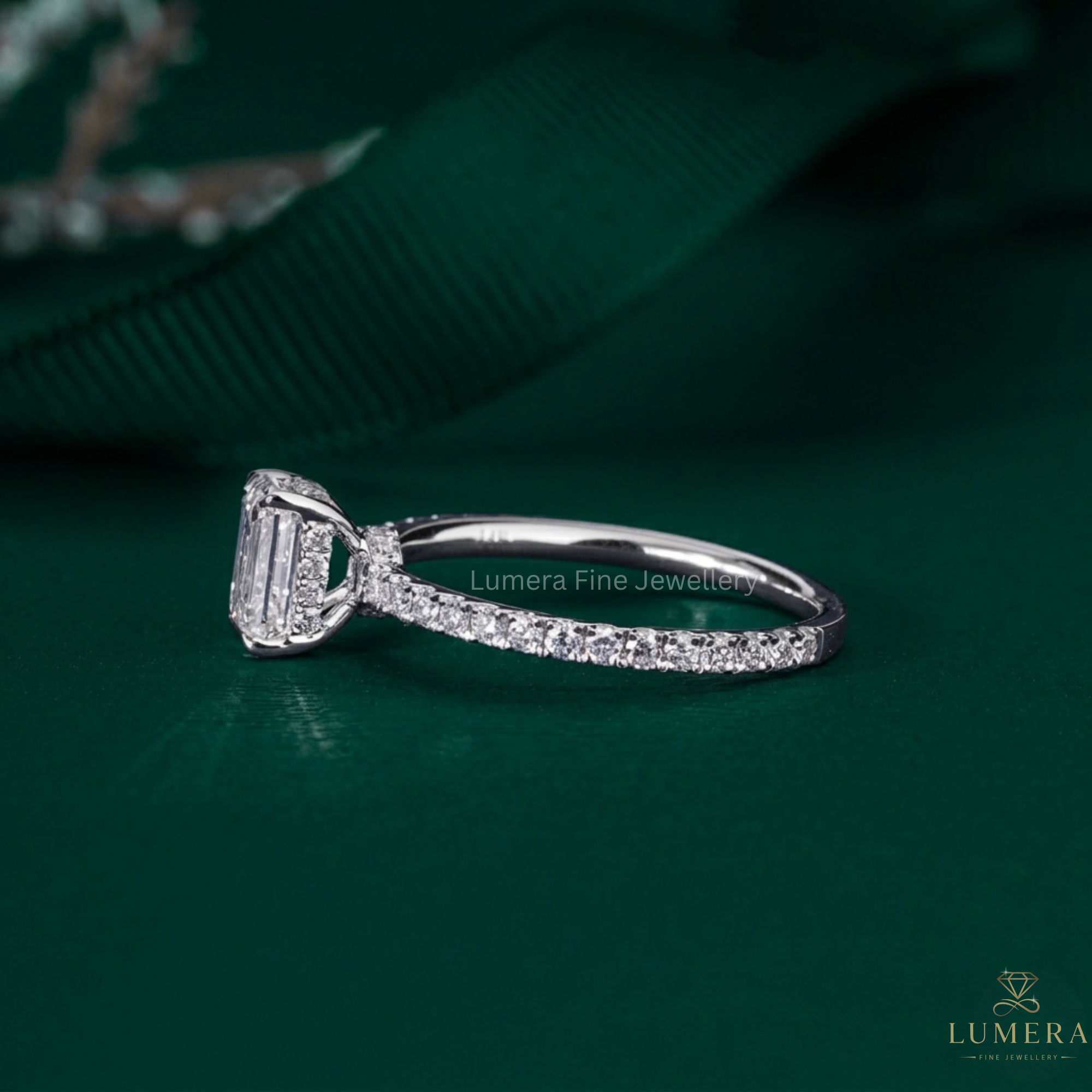 Hidden halo engagement ring with Bridge accent engagement ring.